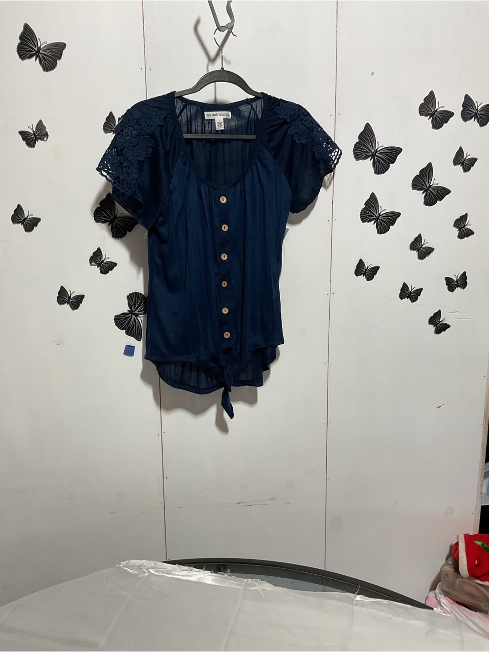 New York Laundry Navy Button-Front Blouse with Crochet Cap Sleeves